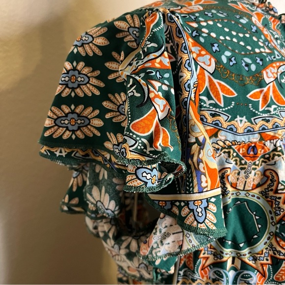 Kirundo Boho Floral Green and Orange Ruffle Sleeve Flowy Mini Dress Size Medium - Picture 4 of 16
